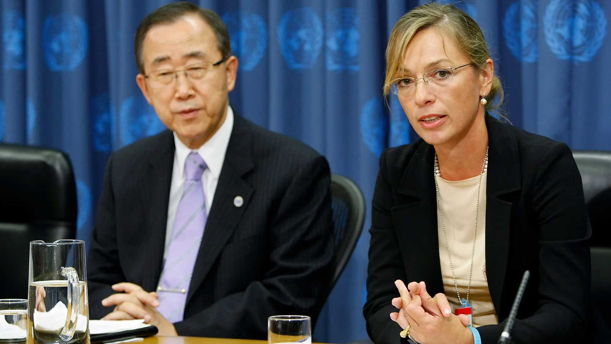 Laura addresses a press conference as former Secretary-General Ban Ki-moon listens