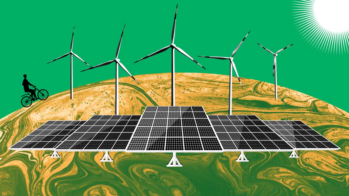 photocomposition : illustration d'une personne faisant du vélo sur la forme de la planète, au milieu de panneaux solaires et d'éoliennes