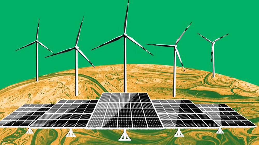 grapic of windmills over solar panels on an yellow and green planet