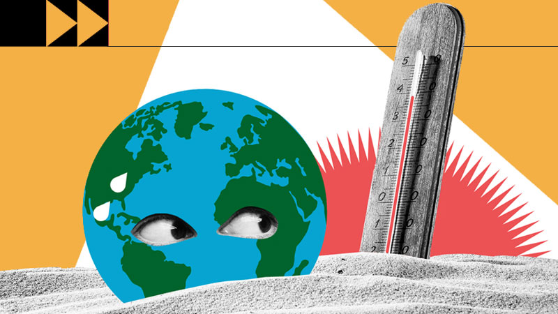 Photocomposition: the earth globe drawed as a cartoon, with two eyes looking to a termometer at the side