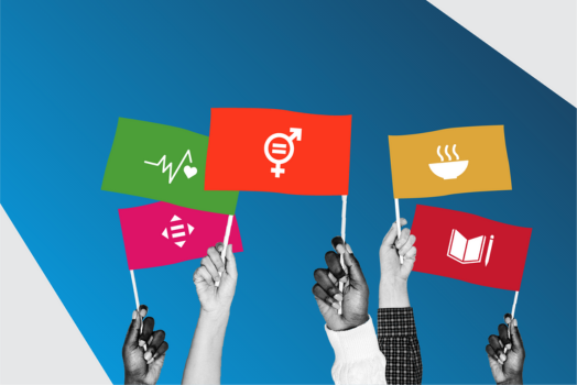 Photocomposition: five hands holding small flags with the sustainable development goals 11, 3, 5, 2 and 4 icons