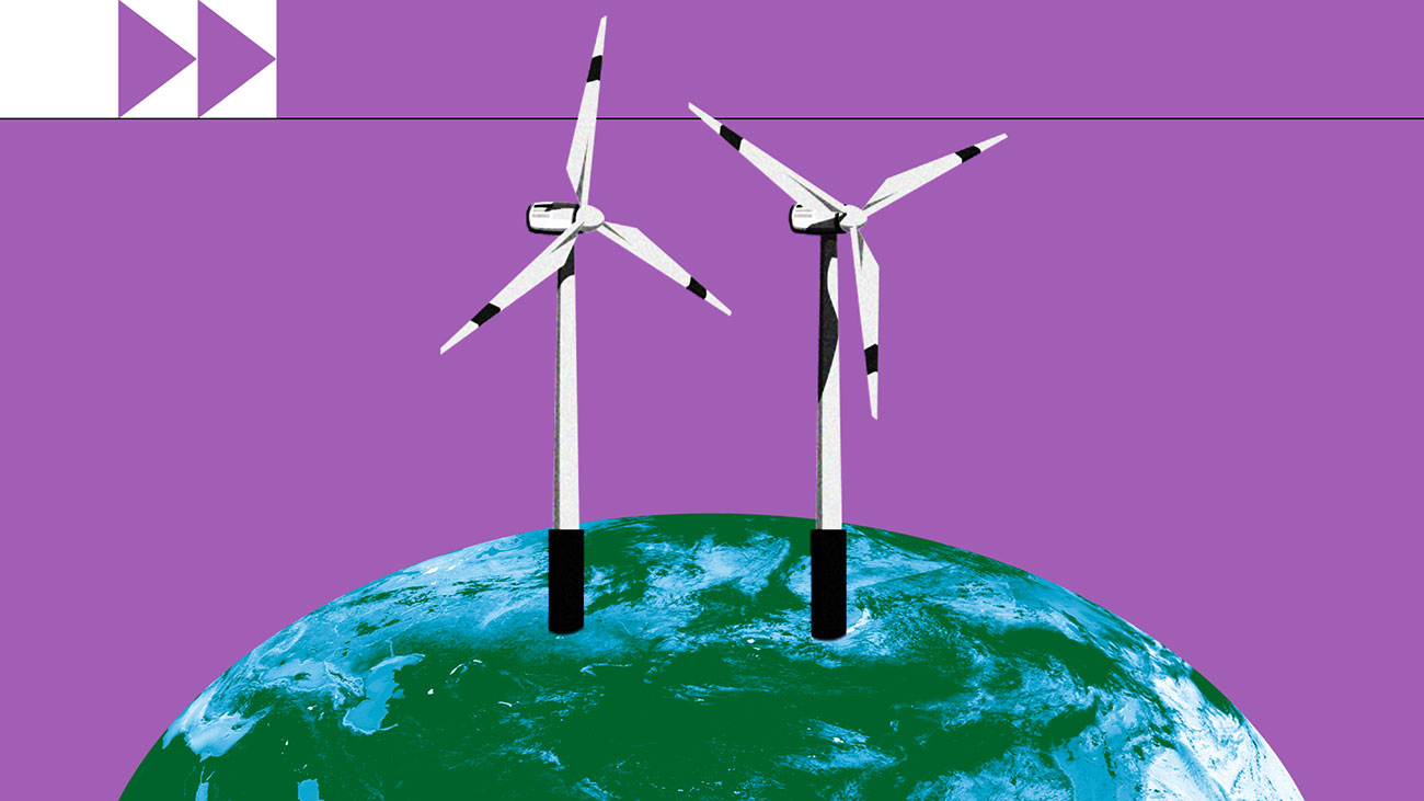 two windmills on the globe in front of a purple background