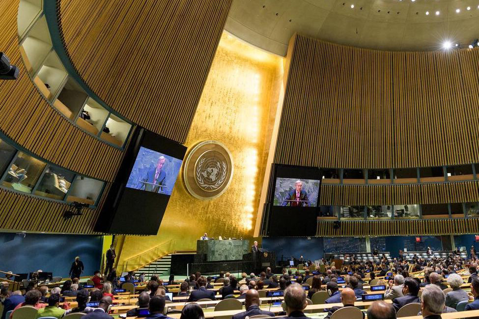 The Secretary-General at the podium inside the General Assembly