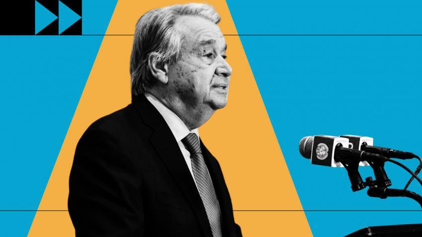 photocomposition: a black and white picture of the UN Secretary-General, Antonio Guterres, in front of a blue and yellow background