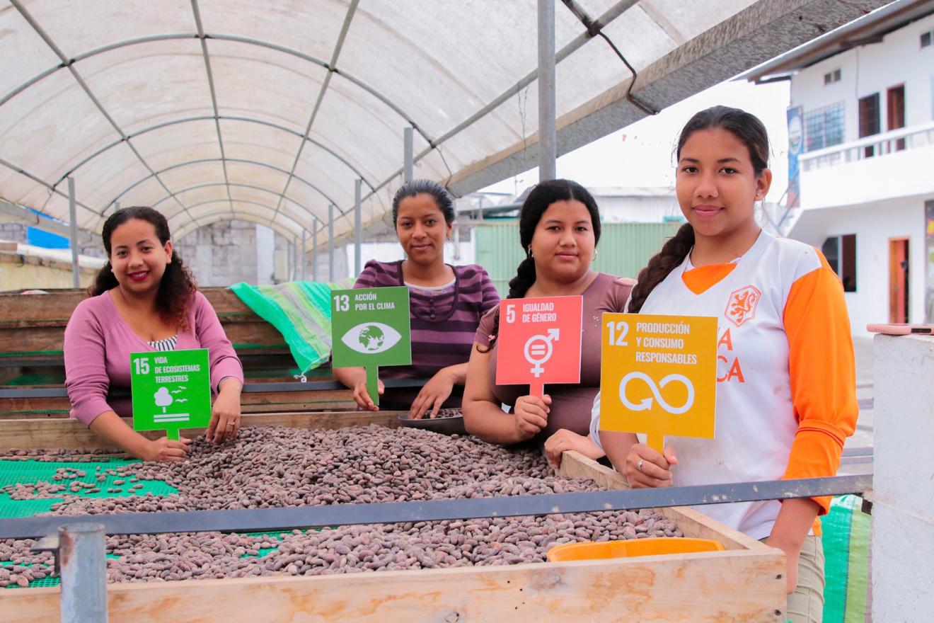 Four women holding SDG banners at a coffee factory.