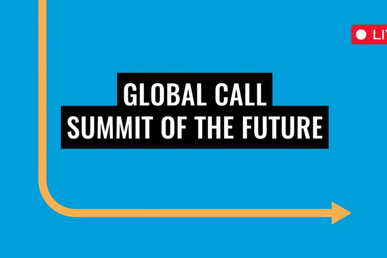 arrow in orange going to the right with the words Global Call Summit of the Future above it