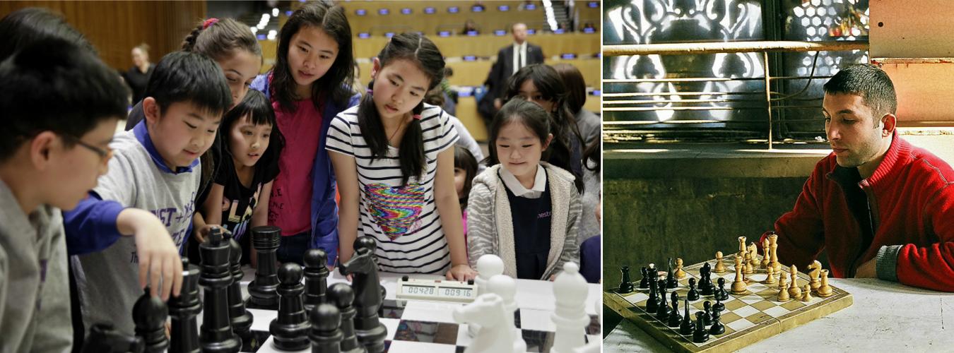 Left: Young chess players from New York City in the UN "Fighting stereotypes with Judit Polgar, Planet 50-50 Champion" event, 2017 Right: A young man playing chess in Yerevan, Armenia. 