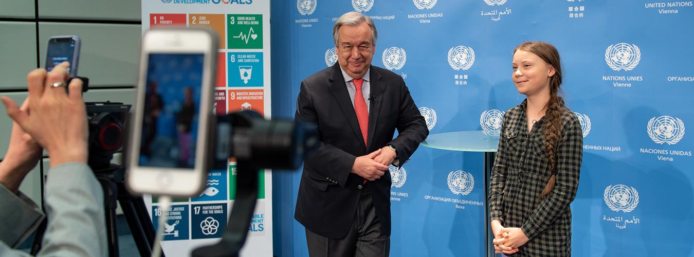 Secretary-General António Guterres (left) meeting with climate activist Greta Thunberg  in Vienna.