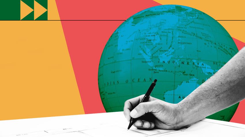 Photocomposition: the earth globe in the background, and a hand holding a pen, signing a paper, in the front