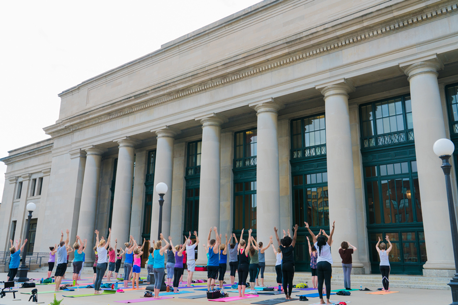 People doing yoga on Union Depot's North Plaza