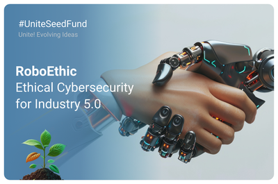 Promotional image of the RoboEthic project with a background picture of a human hand holding hands with a robotic hand