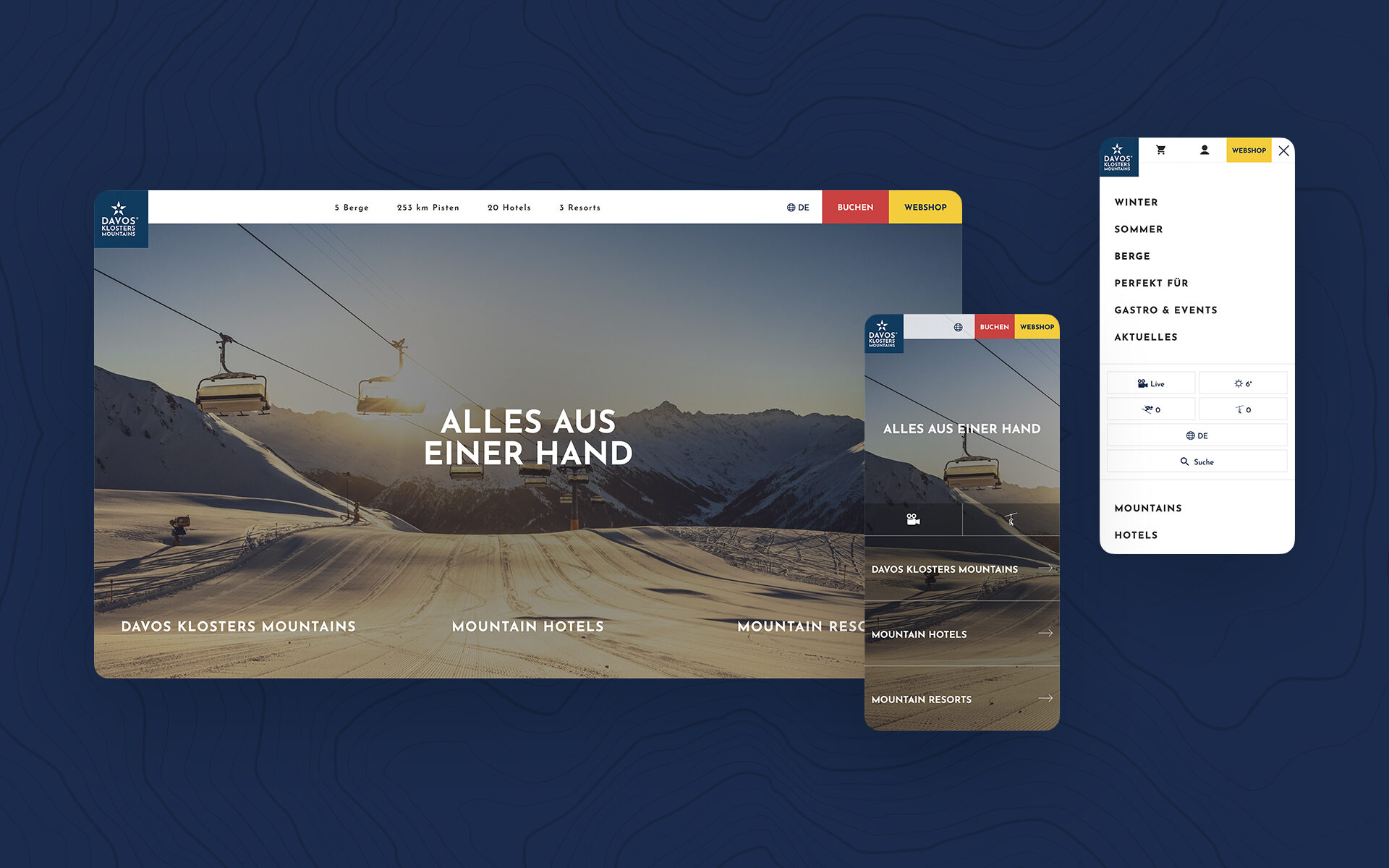 Mockup der neuen Website von Davos Klosters Mountains, dargestellt auf einem PC-Bildschirm und 2 Smartphones.