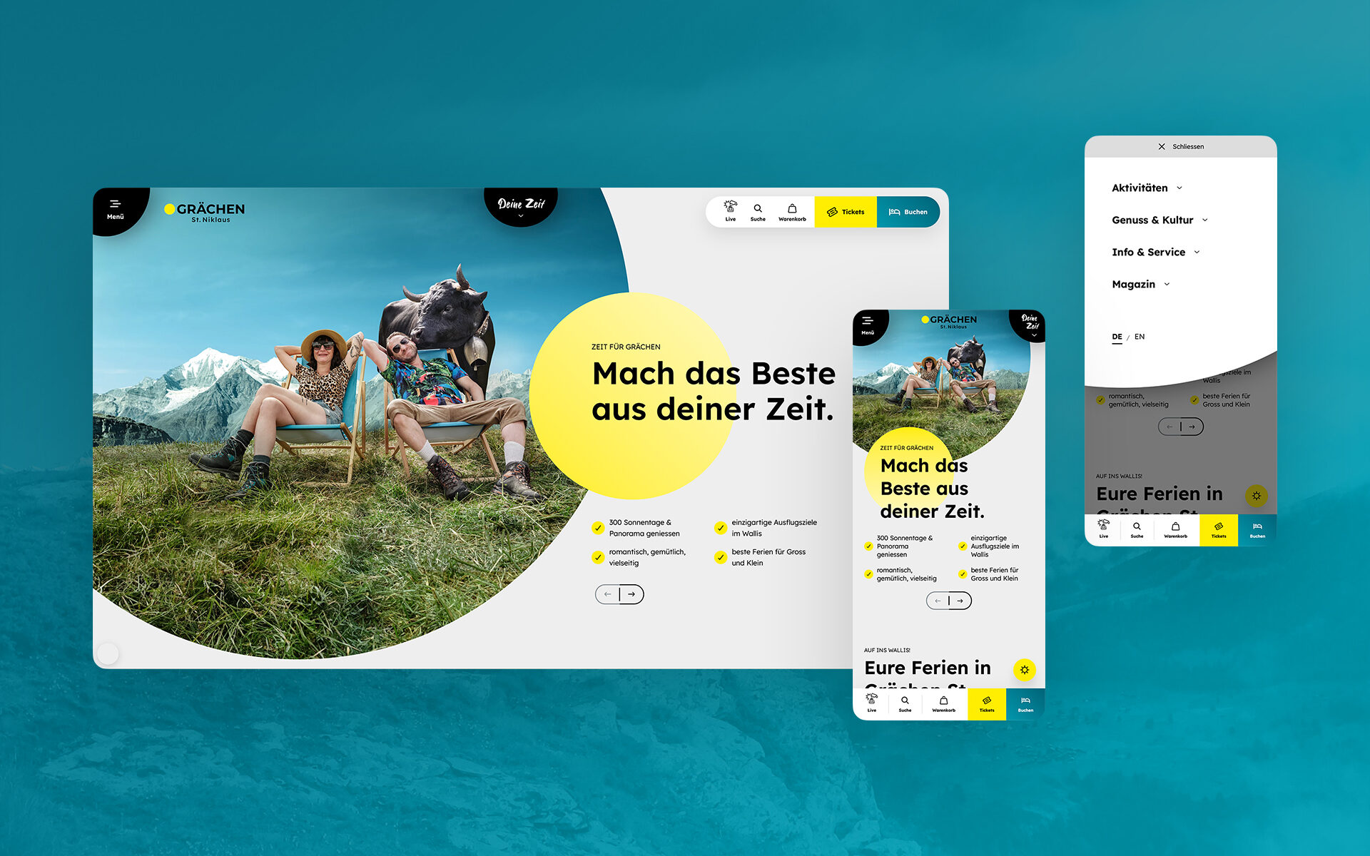 Mockup der neuen Grächen-Website, dargestellt auf einem Laptop & 2 Smartphones.