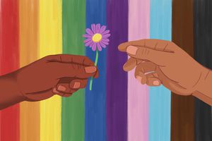 Hand extending a flower to another hand against a rainbow Pride flag