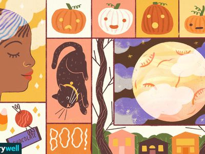 drawing of various halloween things, a full moon, a cat, pumpkins