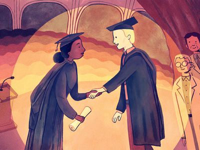 Drawing of Black graduate receiving her diploma