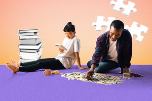 A couple sitting on the ground reading and doing a puzzle, colorful photo composite