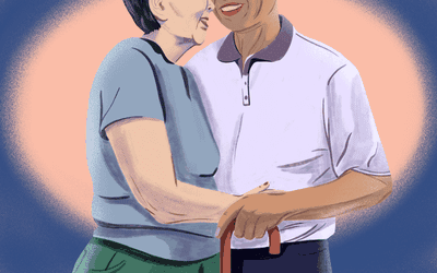 Elderly couple embrace