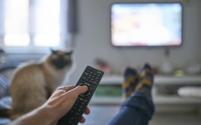  Hand of man pointing remote control at working television screen