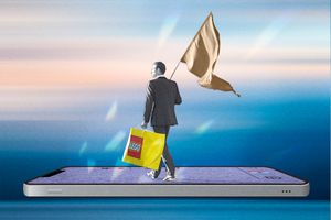 Man in suit holding a beige flag and lego bag