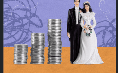 A man and a woman embracing one another, as they stand next to columns of quarters. 