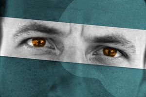 teal background with a man's eyes in overlay. 