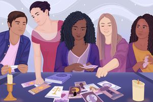 Drawing of friends gathered around a table doing a tarot reading