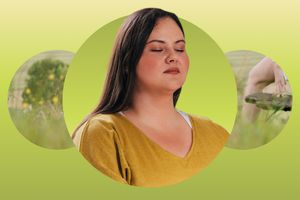 Woman with closed eyes against a field backdrop