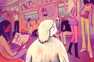 drawing of girl looking at lots of skinny women on the subway