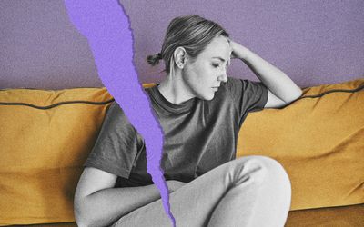 woman looking stressed on the couch with a big purple rip through the photo