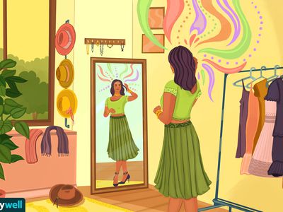 drawing of woman wearing green dress looking in the mirror