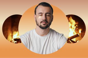 Man meditating against a backdrop of a fireplace