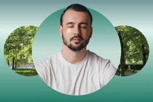 Man meditating against a park backdrop