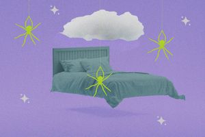 3D illustration of double bed hovering in air and with white cloud above. Blue toned computer graphics. Moody attitude.