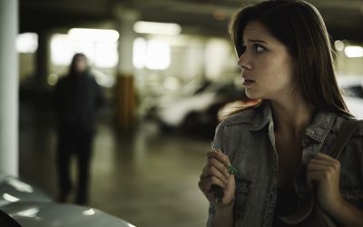 woman looking scared in parking garage