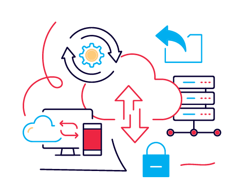 Illustration showing computer technology and data up and downloading