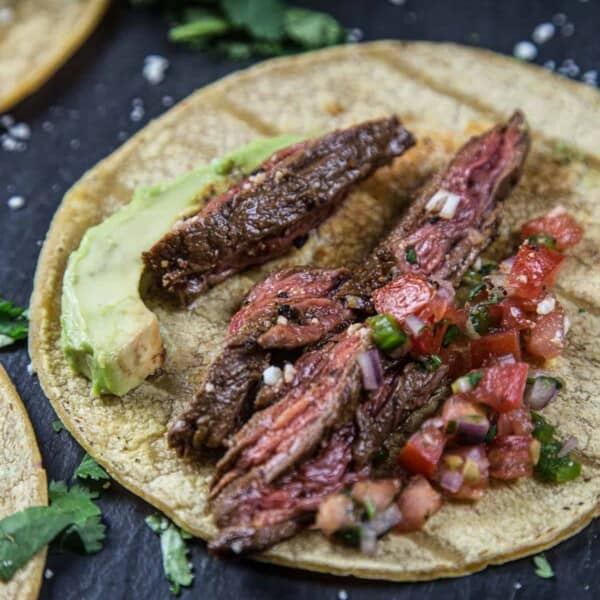 carne asada skirt steak taco close up