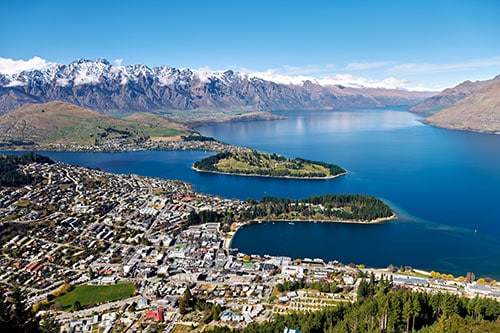 aerial view of Queenstown lake and mountains during daytime