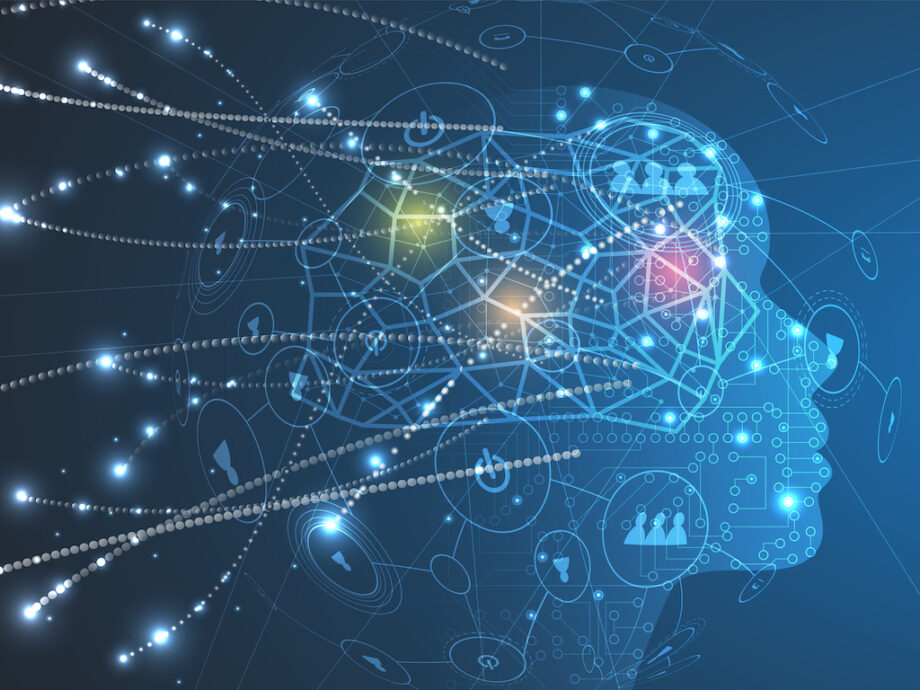 Outline of a head showing lights, connections and icons representative of people and data