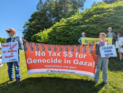 "No Tax $$ for Genocide in Gaza!" banner in action at Coast Guard Academy May '24 graduation, New London, CT (photo by Daz Park)