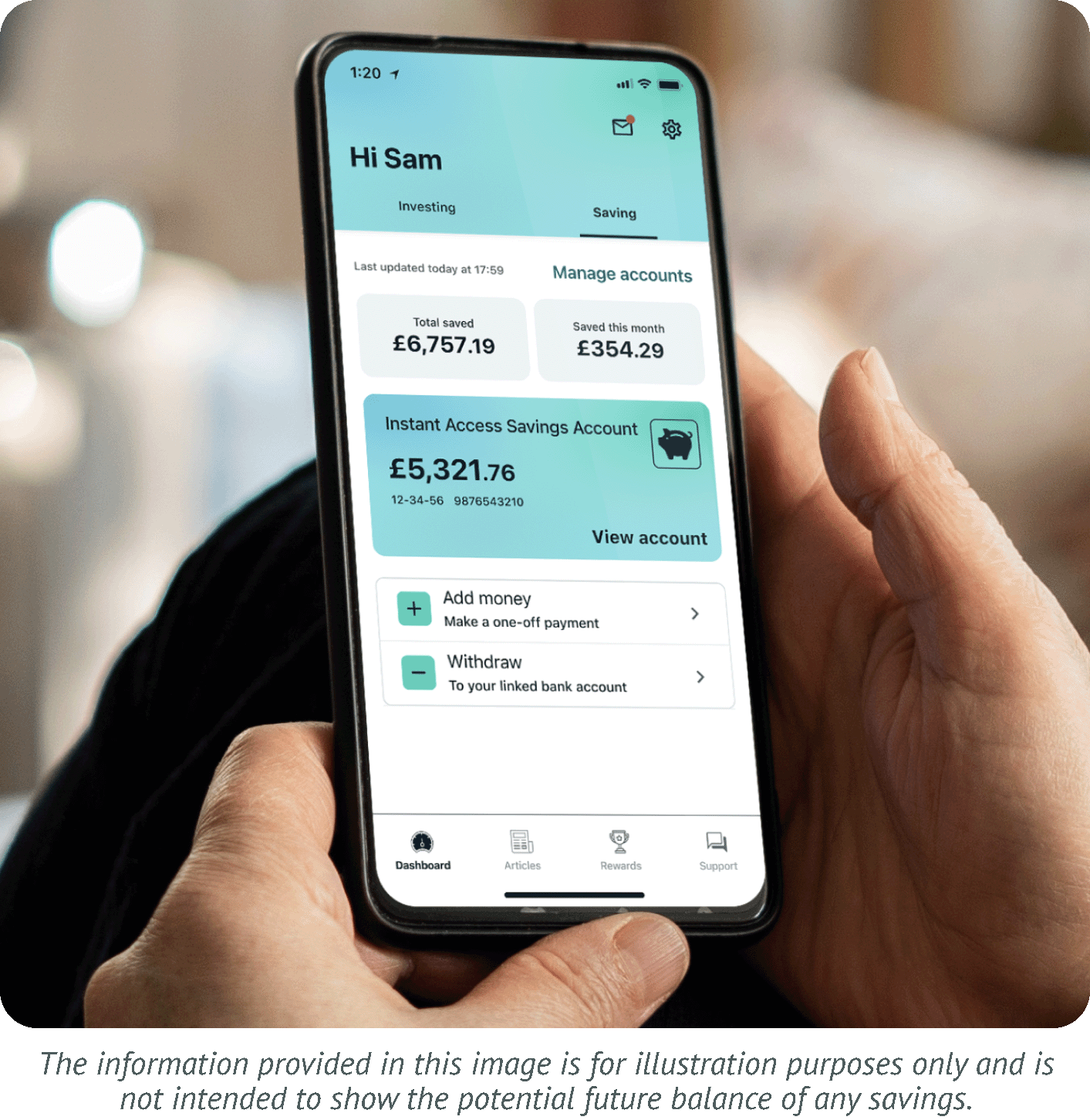 Wealthify savings accounts on the dashboard. Information provided in the image is for illustration purposes only and is not intended to show the potential future balance of any savings.