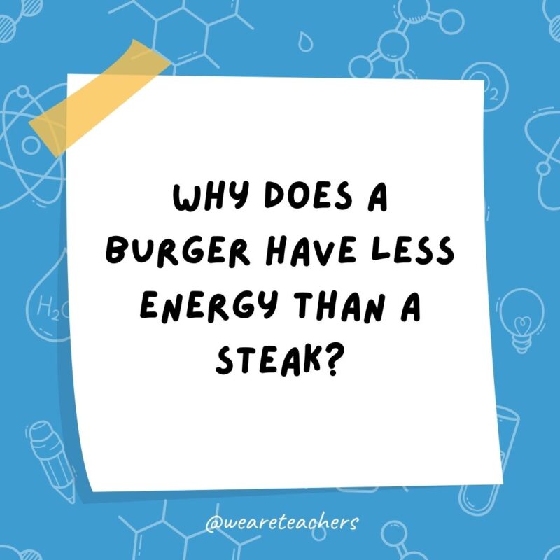 Science jokes: Why does a burger have less energy than a steak? A burger is in its ground state.