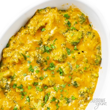 Broccoli cheese casserole recipe in baking dish.