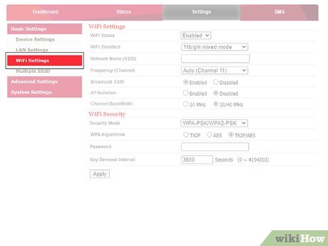 You may find the SSID and password field in a menu labeled "Wireless", "Wi-Fi", or "Wireless Network."