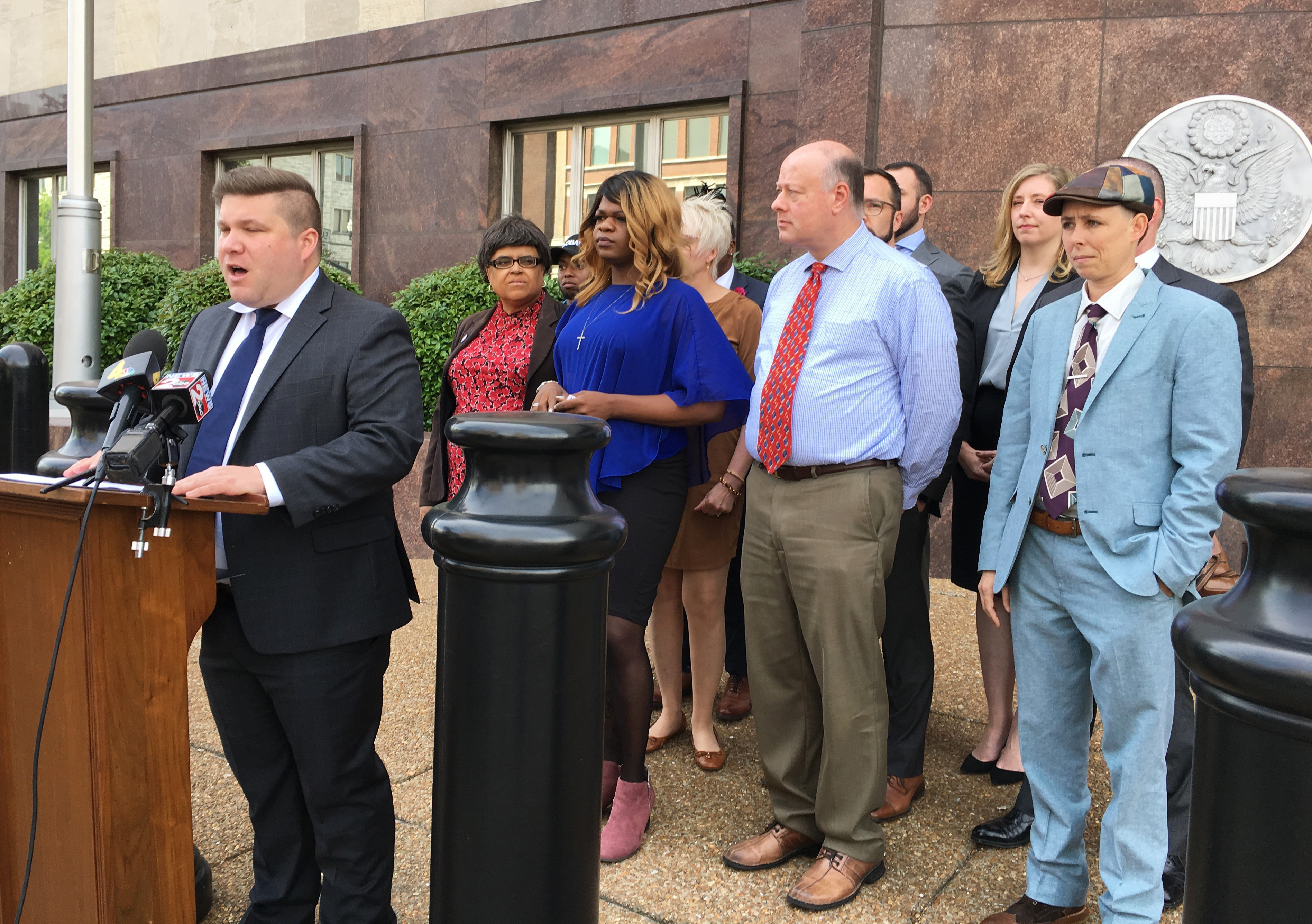 FILE - Attorney Omar Gonzalez-Pagan announces a lawsuit challenging a Tennessee statute that prohibits transgender people from changing the gender listed on their birth certificates, at a news conference outside the federal courthouse in Nashville, Tenn., April 23, 2019. A federal appeals court panel ruled 2-1 on Friday, July 12, 2024, that Tennessee does not unconstitutionally discriminate against transgender people by not allowing them to change the sex designation on their birth certificates. (AP Photo/Travis Loller, File)