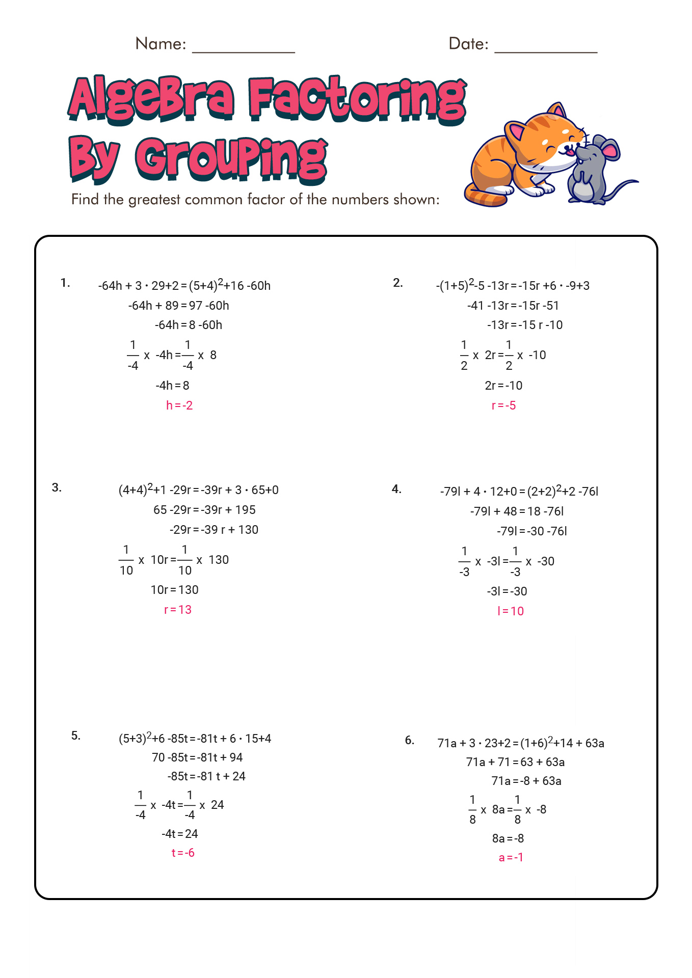 Algebra Factoring Polynomials Worksheets with Answers