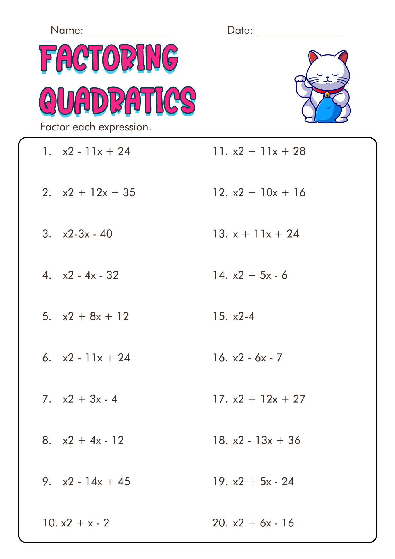 Factoring Quadratic Expressions Worksheet