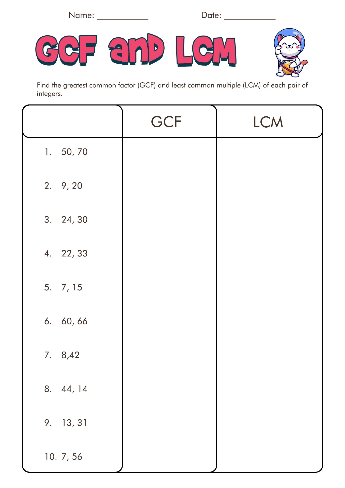 GCF and LCM Worksheets