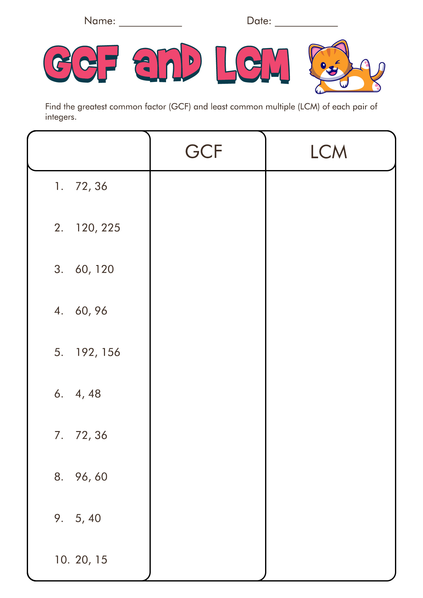 GCF and LCM Worksheets