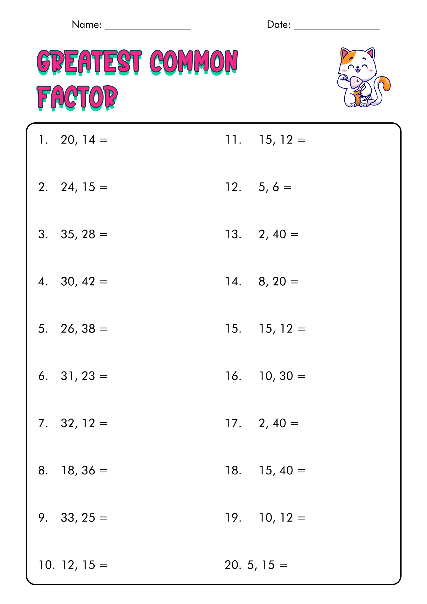 Greatest Common Factor Worksheets